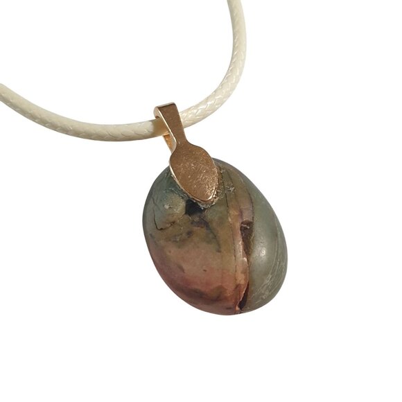 Natural Jasper Stone Pendant Necklace Adjustable Leather Cream Cord Beach Core - Picture 4 of 6